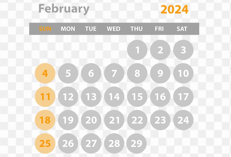 Monthly calendar of February 2024 on transparent background Png Image Free Download