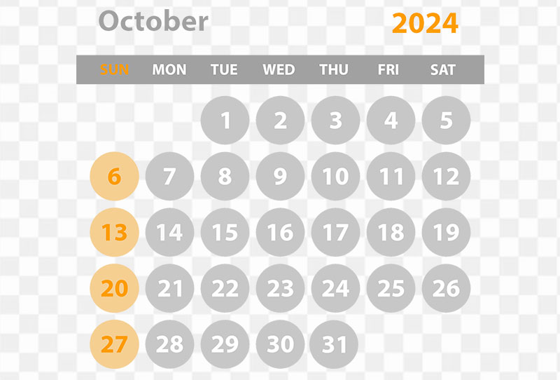 Monthly calendar of October 2024 On Transparent Background Png Image Free Download