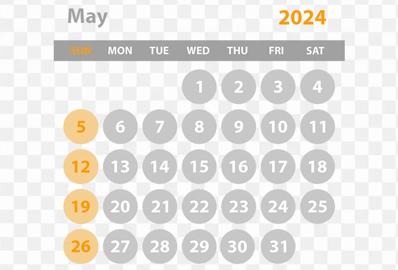 Monthly Calendar Of May 2024 On Transparent Background Png Image Free Download